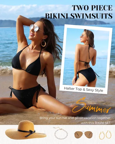 Vista 4 de Tempt Me - Conjunto de bikini triangular para mujer, traje de baño sexy de dos piezas, traje de baño con cintas laterales 1 Negro