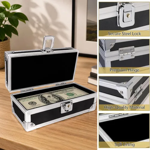 Vista 5 de Caja de efectivo con cerradura, caja de dinero de aluminio, almacenamiento de efectivo bloqueable con bandeja