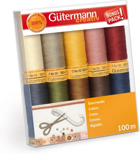 Vista 6 de Gütermann 731149-1 Juego de hilos de algodón natural 100 m x 10 carretes, multicolor, surtido
