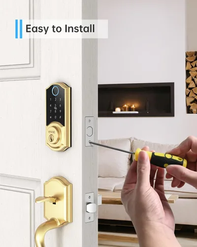 Vista 6 de SMONET Cerradura inteligente de latón con huella dactilar, cerradura de puerta de entrada sin llave con control remoto de aplicación, teclado