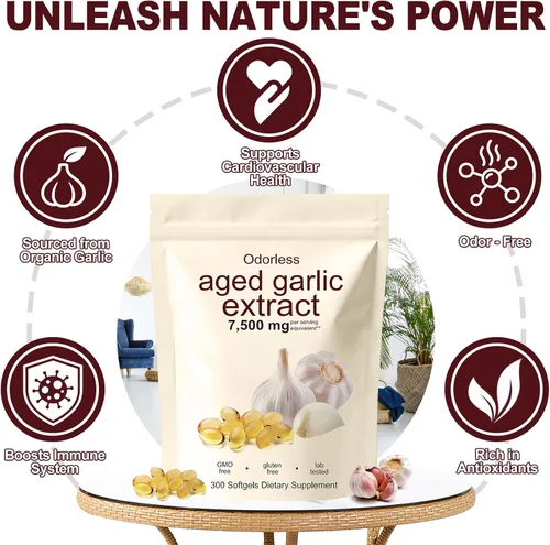 Vista 6 de Extracto de ajo envejecido, 300 unidades, 7500 mg de ajo orgánico inodoro, suplemento para apoyo cardíaco e inmunológico, vegetariano, sin OMG