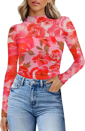 Vista 17 de Camisas de manga larga de malla sexy para mujer, ropa de moda, cuello de tortuga, drapeada, para salir, trajes de otoño, blusas ajustadas Negro