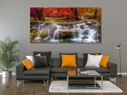 Vista 2 de Yxbhhym Lienzo de paisaje para pared, pintura de cascada, impresiones de árboles y bosques, paisajes de otoño, imagen artística para sala de estar