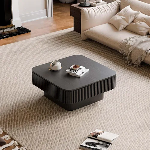 Vista 7 de Mesa de café cuadrada pequeña con almacenamiento, mesa de café moderna de madera con chapa de madera maciza, mesa central estriada