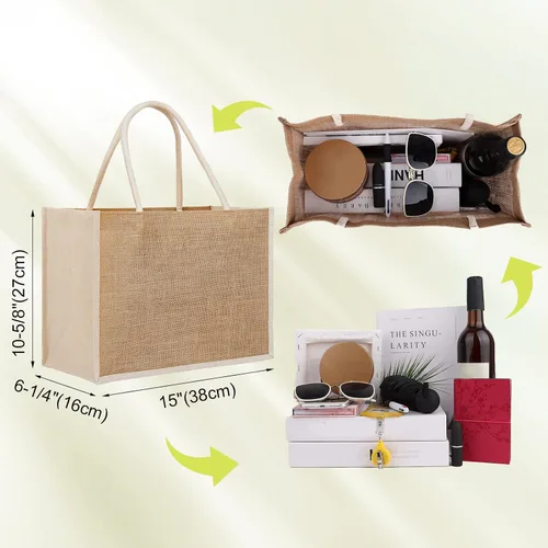 Vista 4 de TopTie 6 bolsas de yute reutilizables de arpillera para compras de comestibles, bolsa de dama de honor para boda