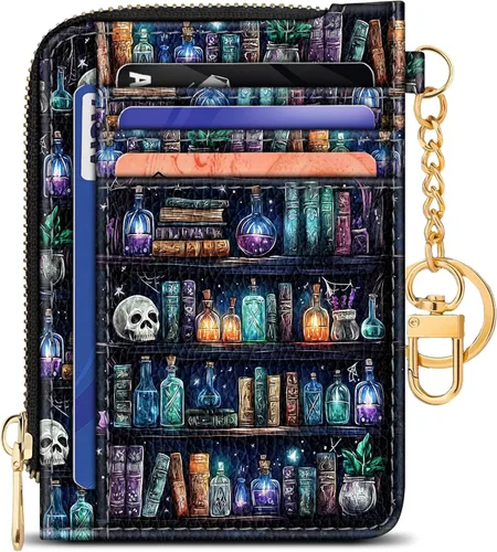 Vista 20 de GIANCOMICS Cartera delgada con tarjetero para mujer, funda pequeña con bloqueo Rfid, llavero de bolsillo delgado con cremallera curvada, tarjetero