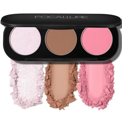 Vista 9 de FOCALLURE Paleta de rubor e iluminador, polvo de maquillaje 3 en 1, rubor mate libre de crueldad, iluminadores brillantes para un aspecto brillante