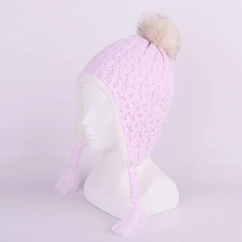 Vista 6 de Gorro de punto con solapa para las orejas para bebé, de piel sintética, con pompón, para invierno, cálido, forro polar