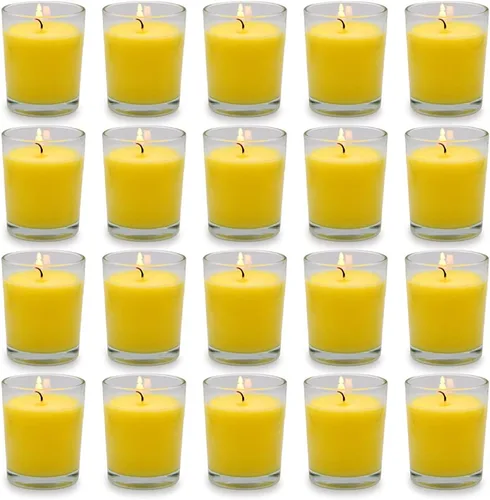 Vista 10 de Juego de 20 velas votivas blancas rellenas de vidrio transparente sin perfume de cera de soja para el hogar, spa, bodas, cumpleaños, vacaciones
