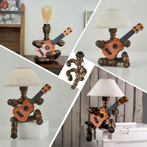 Vista 5 de Lámpara de mesa de guitarra robot industrial vintage con bombilla, control remoto, temporizador, regulable, regalos geniales para amantes