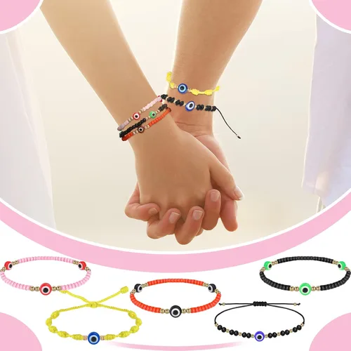 Vista 6 de WILLBOND 60 pulseras de ojo malvado pulseras mexicanas con nudo de cuerda pulseras de cuentas ajustables pulseras de eslabones de la suerte