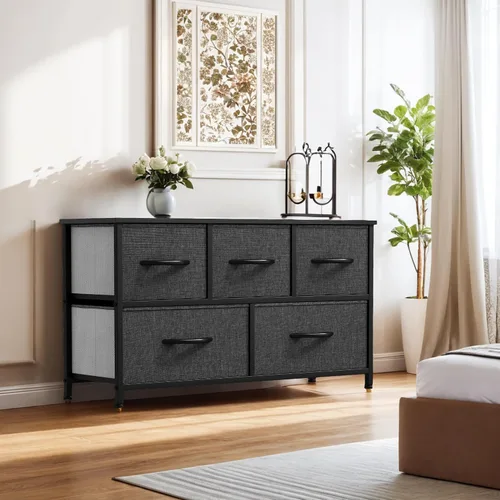 Vista 2 de YITAHOME Cómoda con 5 Cajones - Torre de Almacenamiento de Tela, Cómoda Negra y Cajonera, Unidad Organizadora para Dormitorio Negro ceniza gris
