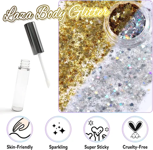 Vista 2 de Laza Purpurina corporal, 2 tarros de lentejuelas gruesas holográficas con pegamento de purpurina, perfecto para mujeres, sombra de ojos, maquillaje
