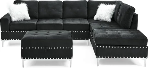 Vista 6 de DEINPPA Juegos de muebles de sala de estar, sofá modular reversible en forma de L, otomano de almacenamiento y portavasos, sofá tapizado
