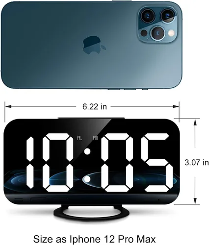 Vista 6 de Reloj despertador digital Lamisola, gran pantalla LED con espejo, 2 puertos de carga USB, brillo ajustable automáticamente, relojes modernos