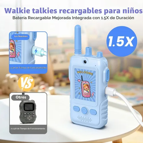 Vista 2 de Walkie Talkies de video recargables para niños: 1.5 veces más duración de Rosado/Azul