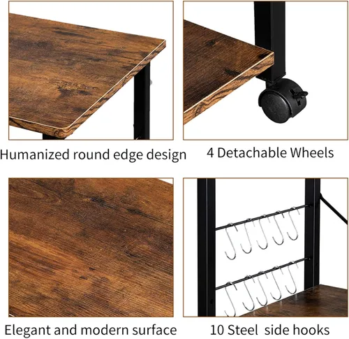 Vista 2 de Carrito de microondas de cocina de 3 niveles, soporte para microondas con ruedas, carrito de café con almacenamiento, estante rodante