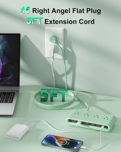 Vista 6 de Regleta de alimentación con USB C de 35 W, cargador de pared de enchufe plano 10 en 1, cable de extensión de 5 pies con 4 CA, 3 USB A y 3 USB C