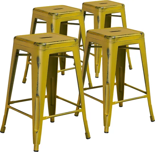 Vista 38 de Taburete de 24 pulgadas de alto para interior y exterior con asiento cuadrado., Metal, Negro