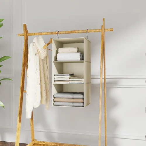 Vista 2 de Organizador colgante para armario y almacenamiento con 3 estantes, estantes colgantes plegables de montaje fácil para guardar ropa, bolsos, zapatos
