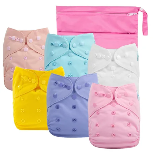 Vista 16 de babygoal - Juego de 6 fundas para pañales de tela con bolsa húmeda para pañales ajustables y predoblados con doble refuerzo, ajustables