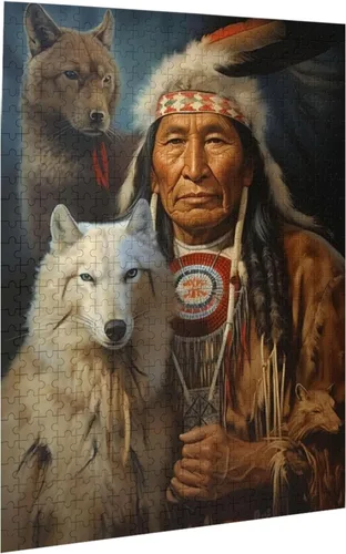 Vista 8 de Rompecabezas para adultos de 1000 piezas rompecabezas sentado lobo perro nativo americano indio tradicional formación de tienda de campaña de madera