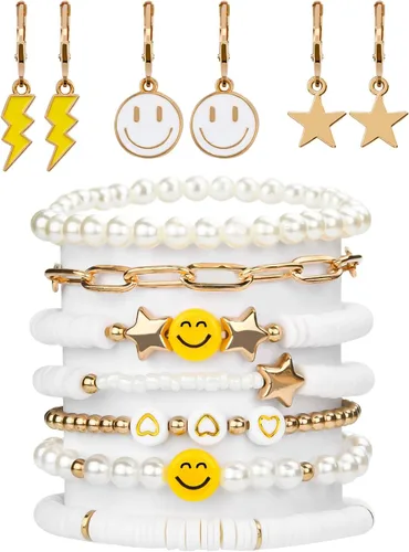 Vista 22 de Preppy Heishi - Juego de pulseras de surfista para niñas adolescentes, bonitos aretes estéticos, anillos estéticos preppy coloridos de oro blanco