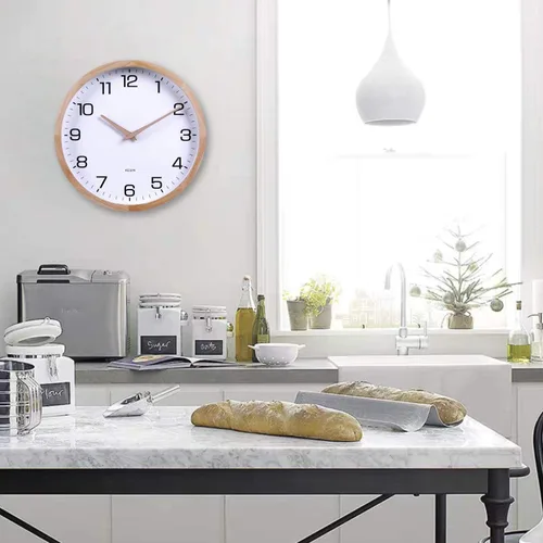 Vista 4 de Kesin Reloj de Pared Silencioso Redondo de Madera de 12 Pulgadas, Relojes de Pared de Madera Blanca Analógicos a Batería Sin Tictac para Sala