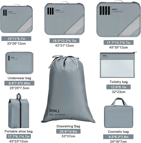 Vista 2 de DIMJ Cubos de equipaje para viajes, paquete de 8 organizadores de equipaje para maleta, juego de bolsas organizadoras portátiles de maleta