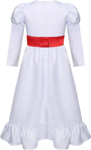 Vista 3 de Occipa Disfraz de Annabelle de la película de terror para adultos y niños, vestido blanco para cosplay de Anna con cintura, peluca de Annabelle