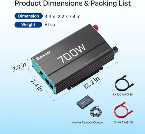 Vista 8 de Renogy - Inversor de onda Off-Grid Solar Power Inverters for Vehicles with GFCI AC Outlets, 5V/2.1A USB, Hardwire Port, Remote Controller, Surge