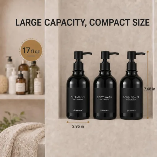 Vista 3 de Refillable Shampoo and Conditioner Bottles Set of 3 Polished Black modunful Glossy Black