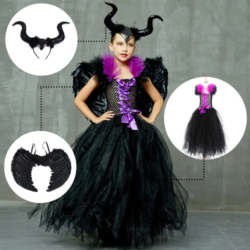 Vista 6 de VnimVinter Disfraz de Halloween para niñas pequeñas, disfraz de bruja vampiro, disfraz de cosplay con alas y cuernos