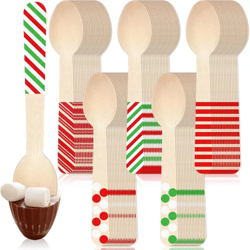 Vista 8 de Hoolerry 300 cucharas de madera desechables de 5.5 pulgadas, cucharas de Navidad, cucharas de chocolate caliente para degustar cacao caliente, café