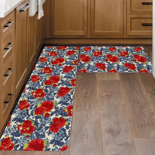 Vista 2 de Mloabuc® Juego de 2 Tapetes de Cocina con Diseño de Flores Estilo Granja Anti Fatiga Impermeables Resistentes a las Manchas Alfombra de Piso