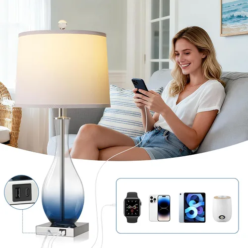 Vista 12 de Juego de 2 lámparas de mesa de cristal de 27 pulgadas con puertos USB, lámparas táctiles para mesita de noche 3-Way Dimmable,E26 Base, Bulbs