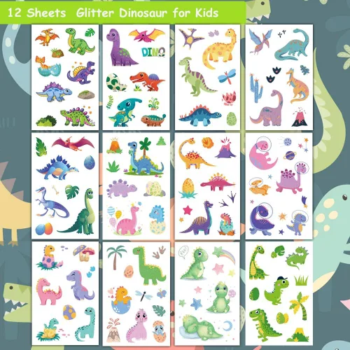 Vista 2 de Tatuajes temporales de dinosaurios con purpurina para niños y niños, 12 hojas de tatuajes de dinosaurio con purpurina para niños y niños