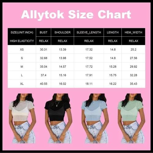 Vista 6 de Allytok Camisetas cortas de malla para mujer, de verano, manga corta, cuello redondo, transparente, Y2K