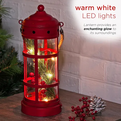 Vista 6 de Alpine Corporation Farol de Navidad de metal y vidrio de 13 pulgadas de alto con 8 luces LED blancas cálidas, temporizador integrado, decoración Rojo
