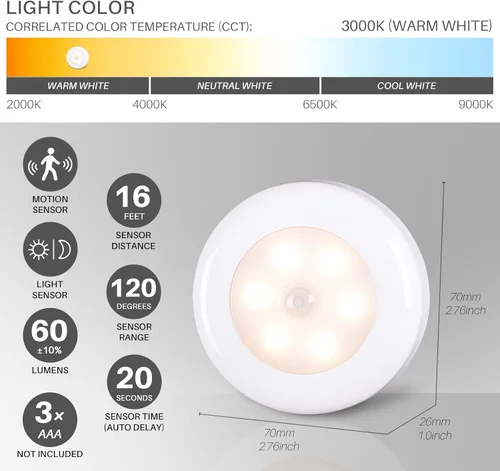 Vista 4 de STAR-SPANGLED Paquete de 3 luces con sensor de movimiento de 2.8 pulgadas para interiores, funciona con pilas AAA, luz LED para pegar en escaleras