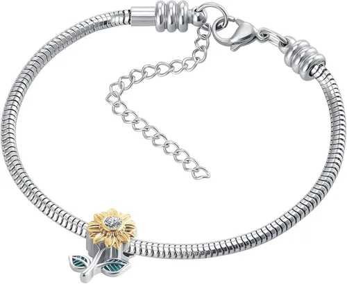 Vista 4 de QeenseKc Abalorio de girasol abierto de oro con cuentas de esmalte de flor CZ para Pandora y pulseras europeas