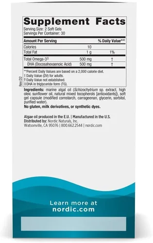 Vista 2 de Nordic Naturals DHA de algas – 60 geles suaves – 500 mg Omega-3 DHA – Aceite de algas vegano certificado – DHA a base de plantas – Soporte
