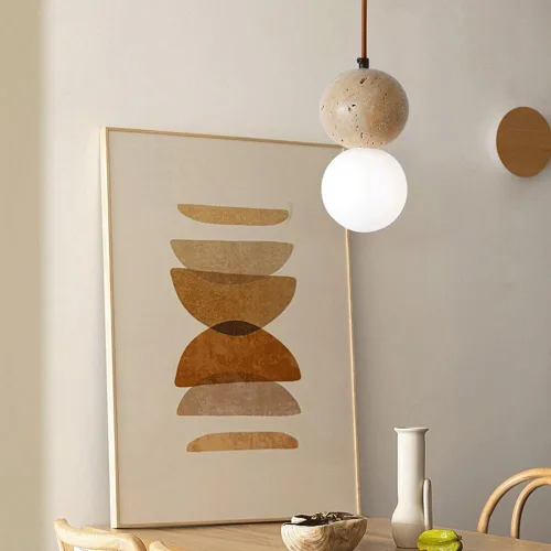 Vista 4 de Mini lámpara colgante de piedra natural para dormitorio, lámpara colgante de travertino amarillo Wabi-Sabi japonés, lámpara colgante colgante