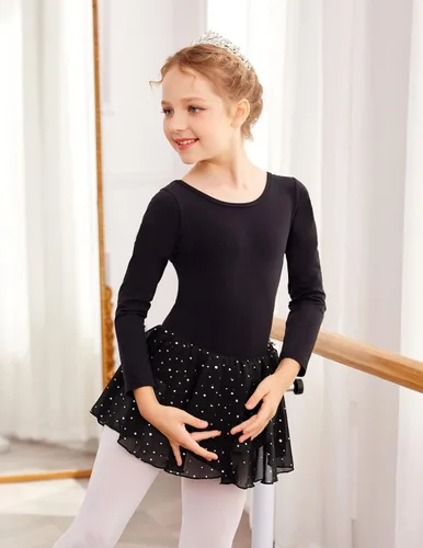 Vista 4 de Arshiner Leotardo de ballet de manga larga para niñas, con espalda hueca brillante, vestido de leotardo con falda de baile