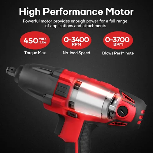 Vista 3 de Eastvolt Llave de impacto eléctrica de 800W, de servicio pesado 7,5 amperios con cable, torque máximo 450 pies-libras 3400 RPM, 1/2 pulgada
