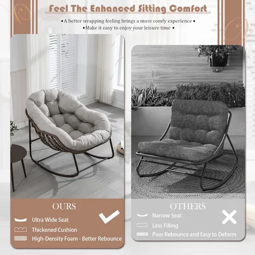 Vista 5 de Mecedora para patio al aire libre, silla mecedora de huevos de ratán para interiores, cómoda silla Papasan de gran tamaño con cojín más grueso