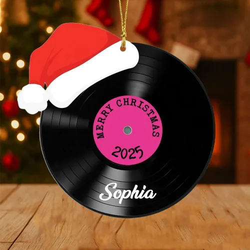 Vista 4 de Adorno de Disco de Vinilo Retro Personalizado 2025, Adorno de Músico Personalizado para Amantes de la Música, Decoración de Árbol de Navidad