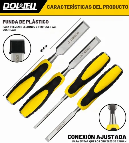 Vista 4 de DOWELL Juego de herramientas de cincel de madera, 4 piezas de cincel resistente, 1/4 pulgadas, 1/2 pulgada, 3/4 pulgadas, 1 pulgada con lápices