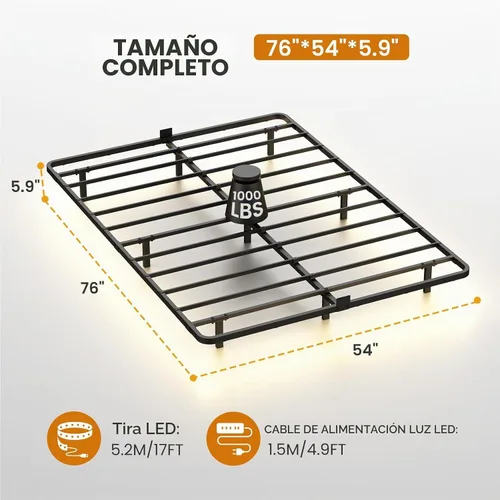 Vista 2 de Marco de cama flotante de tamaño completo con luces LED inteligentes, marco de cama flotante de plataforma de metal resistente, no necesita somier