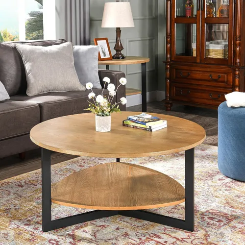 Vista 2 de Mesa de centro redonda para sala de estar, mesa de cóctel grande de 35.3 pulgadas con estante de almacenamiento, mesa de té central de madera
